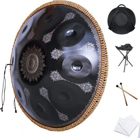 Handpan-Classic 10 Notes Black Print Hand Pan,Premium 432HZ 22 Inches D Minor Steel Handpan Drum Set,Adult's Music Steel Pan Instrument