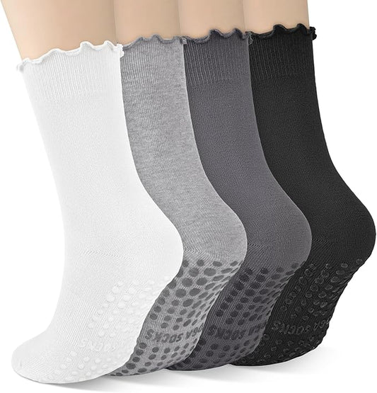 4 Pairs Pilates Socks with Grips for Women Yoga Ruffle Cute Grip Socks Pilates Non Slip Crew Ballet Hospital Workout