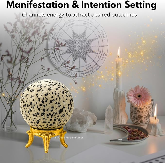 Amazing Gemstone Dalmatian Jasper Crystal Ball with Stand - 2 Inches Crystal Sphere Meditation Balls for Witchcraft and Decorative Balls