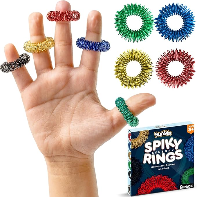 BunMo Spiky Sensory Rings 9pk – Fidget Rings for Adults – Sensory Stimulation & Finger Comfort – Acupressure Rings – Durable & Portable Pain Stim Fidget