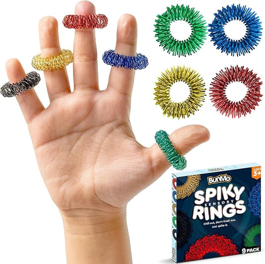 BunMo Spiky Sensory Rings 9pk – Fidget Rings for Adults – Sensory Stimulation & Finger Comfort – Acupressure Rings – Durable & Portable Pain Stim Fidget