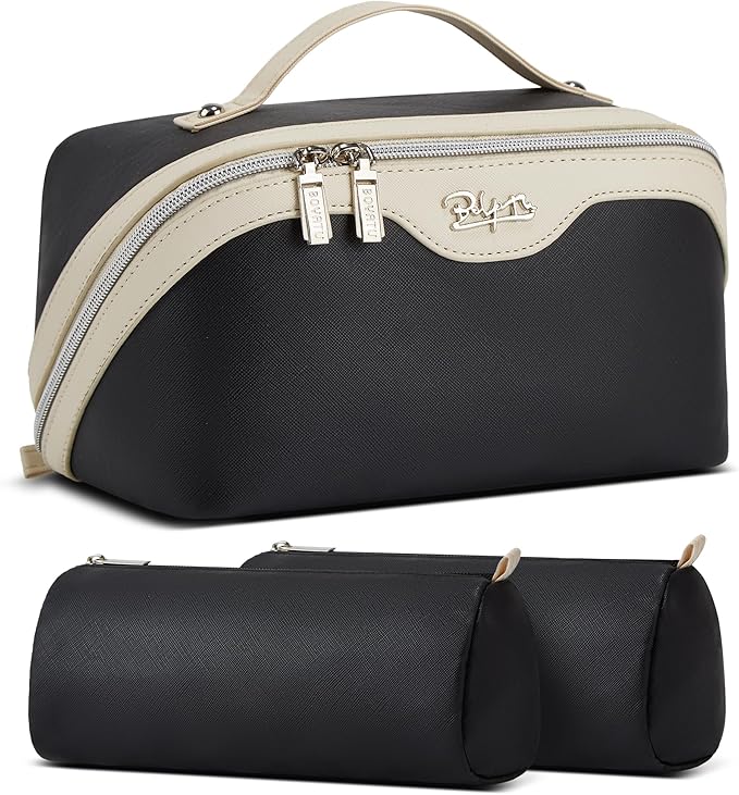 BOYATU Travel Makeup Bag Organizer Cosmetic Bag: 3 Pcs Set Make up Bags for Women with Handle - Waterproof Vegan Leather Toiletry Bags Travel Essentials Pouch with Compartments (D-03-Black)