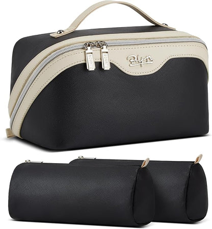 BOYATU Travel Makeup Bag Organizer Cosmetic Bag: 3 Pcs Set Make up Bags for Women with Handle - Waterproof Vegan Leather Toiletry Bags Travel Essentials Pouch with Compartments (D-03-Black)