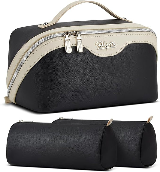 BOYATU Travel Makeup Bag Organizer Cosmetic Bag: 3 Pcs Set Make up Bags for Women with Handle - Waterproof Vegan Leather Toiletry Bags Travel Essentials Pouch with Compartments (D-03-Black)