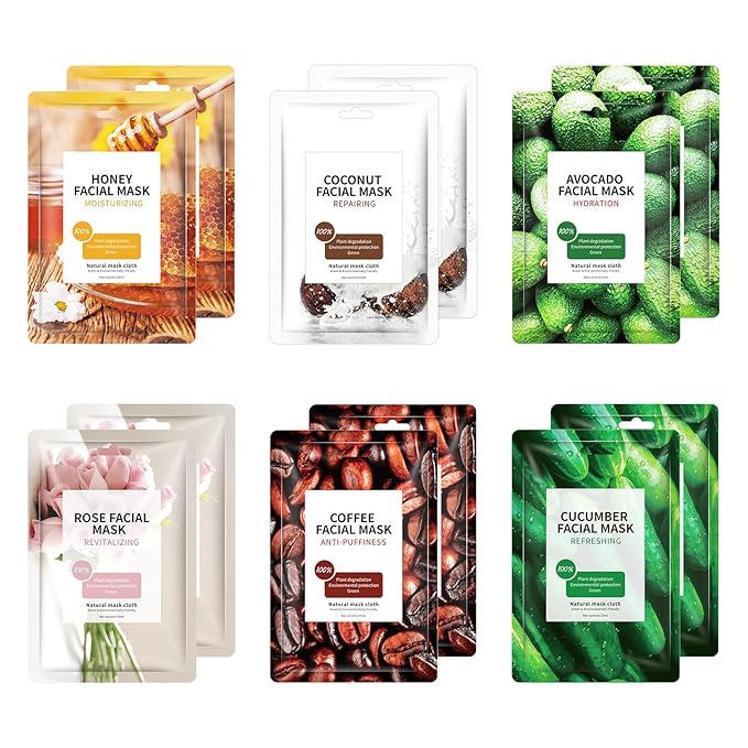Face Mask Skincare, 12 Pack Variety Sheet Masks - Spa Party Face Masks - Natural Ingredients, Moisturizing & Soothing - Suitable for All Skin Types