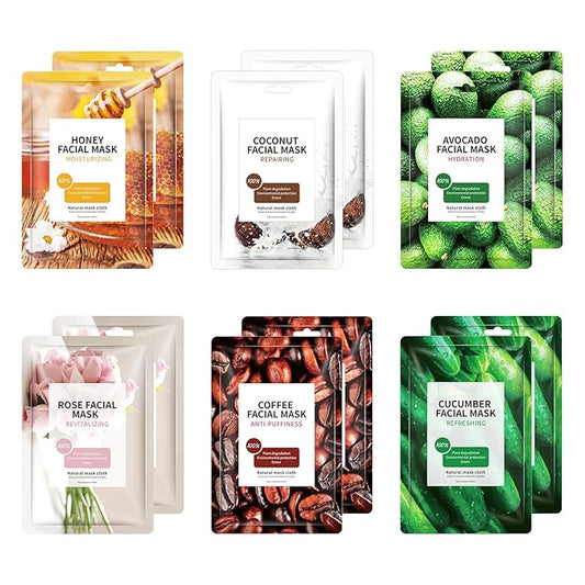 Face Mask Skincare, 12 Pack Variety Sheet Masks - Spa Party Face Masks - Natural Ingredients, Moisturizing & Soothing - Suitable for All Skin Types