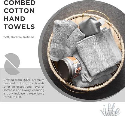 100% Cotton Hand Towel Set of 2, (16 x 28 inches) Sustainable, Soft, Highly Absorbent, Quick Drying, Combed Cotton Hand Towels Pack of 2 Ideal for Hotels, Spa, Bathroom, Dorm, Silver