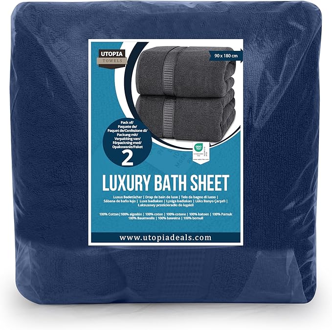 Utopia Towels Luxurious Jumbo Bath Sheet 2 Piece, 600 GSM, 35 by 70 Inches, 100% Ring Spun Cotton, Highly Absorbent and Quick Dry Extra Large Bath Towel, Super Soft Towel, Navy