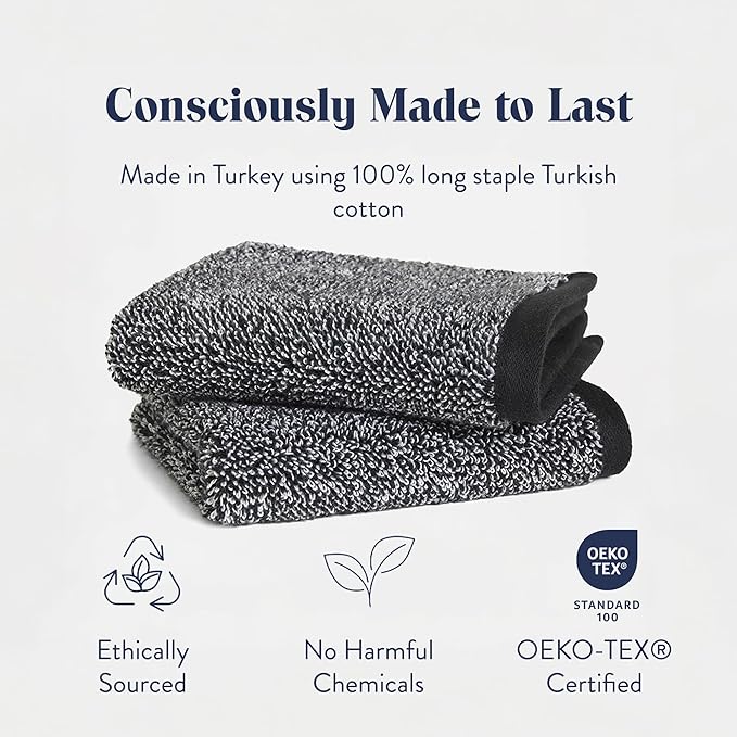 Brooklinen Super-Plush Turkish Cotton Washcloths Set of 2 Cotton, 820 GSM, Highly Absorbent, Machine Washable, Perfect for Home & Bathroom (13" x 13", Marlled Black)