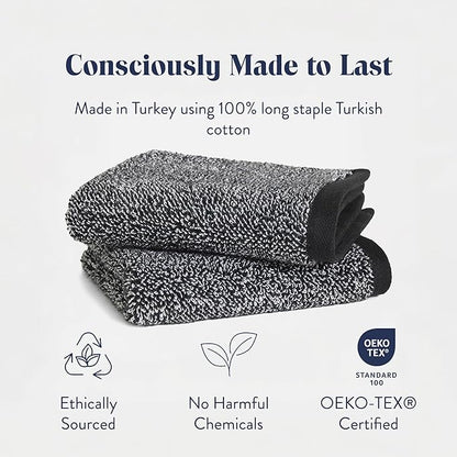Brooklinen Super-Plush Turkish Cotton Washcloths Set of 2 Cotton, 820 GSM, Highly Absorbent, Machine Washable, Perfect for Home & Bathroom (13" x 13", Marlled Black)