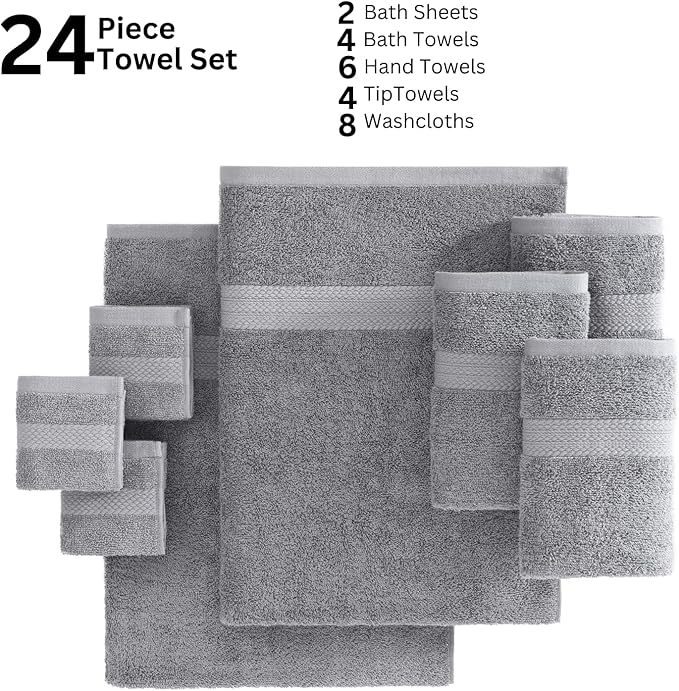 LANE LINEN Cotton Bath Towel Set - 24 Pcs - Highly Absorbent, Quick Dry & Ultra Soft - 2 Bath Sheets, 4 Bath, 6 Hand Towels, 8 Washcloths, 4 Fingertip - Oeko Tex Certified - Space Grey