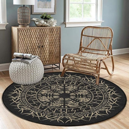 Soft Round Yoga Carpet, Large Home Decor Mat, Non-Slip Machine Washable Kitchen Office Circle Rug Compatible with Cool Norse Viking Vegvisir Runic Compass