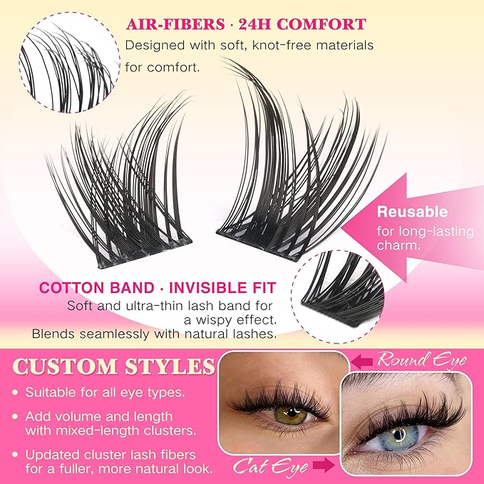 FANXITON Lash Clusters Kit Wispy Clusters Eyelash Extensions Natural Lash Extension Kit 168 Pcs 10-18mm Individual Lashes Thin Band Cluster Lashes with Waterproof Lash Bond and Seal Tweezers
