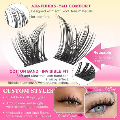 FANXITON Lash Clusters Kit Wispy Clusters Eyelash Extensions Natural Lash Extension Kit 168 Pcs 10-18mm Individual Lashes Thin Band Cluster Lashes with Waterproof Lash Bond and Seal Tweezers
