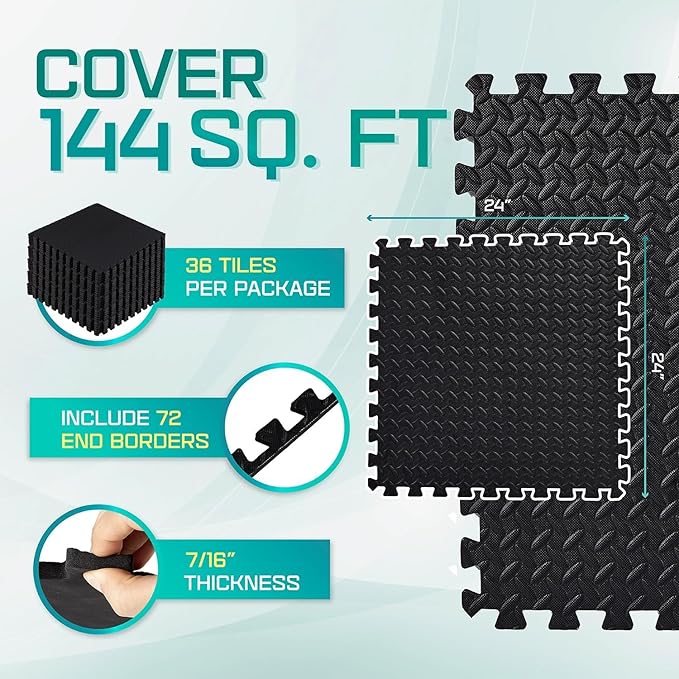Yes4All 24SQFT-120SQFT Puzzle Exercise Mat for Home Gym, EVA Interlocking Foam Floor Tiles with Border for Workout Equipment