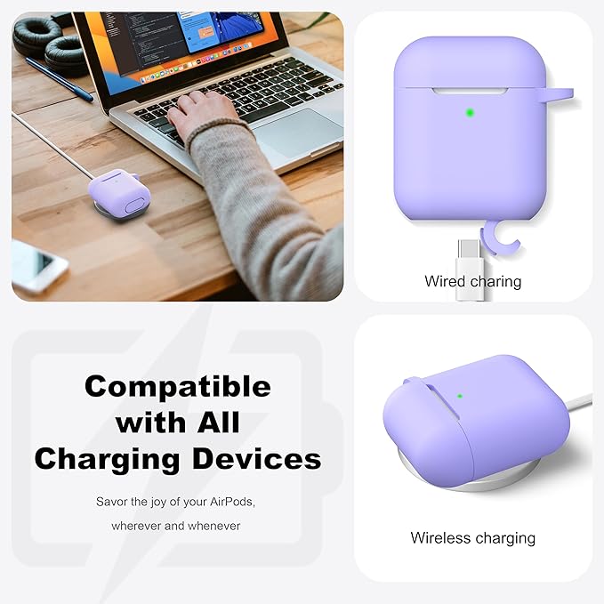 R-fun Compatible with AirPods Case Cover, Soft Silicone Protective Cover with Keychain for Women Men Compatible with Apple AirPods 2nd 1st Generation Charging Case, Front LED Visible,Lilac