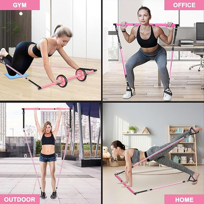 Pilates Bar Kit with Resistance Bands,Ab Roller,2 in 1 Foot Strap & Handle,Door Anchor Pilates Equipment with Resistance Bands, Portable Home Gym Yoga Fitness Bar for Women & Men