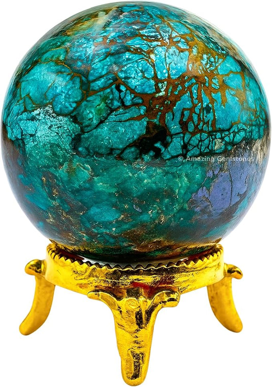 Amazing Gemstone Chrysocolla Shattuckite Crystal Ball with Stand - 2 Inches Crystal Sphere Meditation Balls for Witchcraft and Decorative Balls