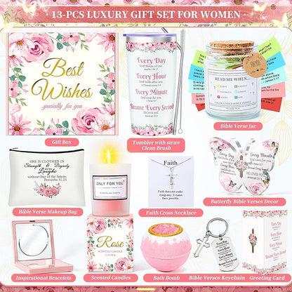 Fortuning's JDS 13PCS Christian Gifts for Women Faith, Pink Birthday Gifts for Women, Inspirational Gifts,Self Care Gifts Get Well Soon Gifts Basket, Care Package for Mom Wife Her Sister Best Friends