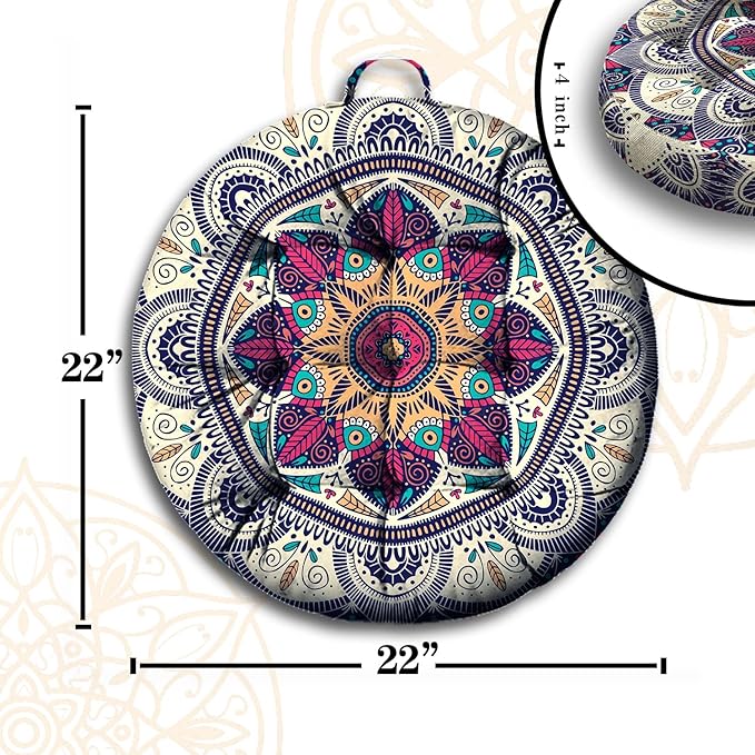Mandala Meditation Cushion, Boho Meditation Mat, Meditation Pillows for Sitting on Floor, Cushions for Sitting in Home and Outdoor, Round Floor Pillows Cushion Seating for Yoga 22'' X 22''