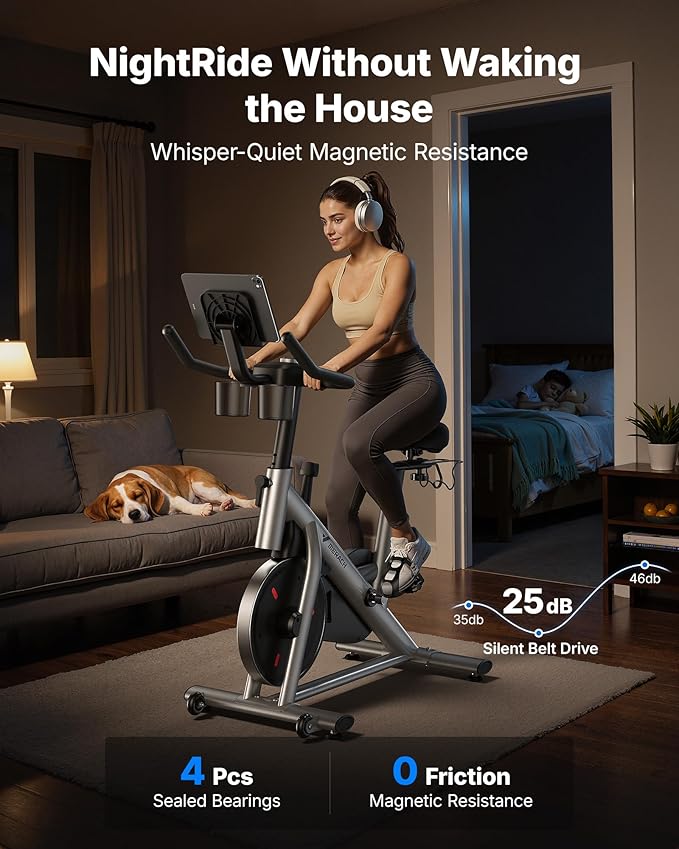 MERACH Exercise Bike, Brake Pad Stationary Bike with Exclusive App, Low Noise Indoor Cycling Bike with 300lbs Weight Capacity, Tablet Mount and Fitness Courses for Weight Loss