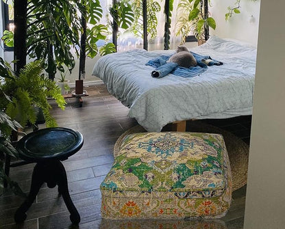 Mandala Life ART Moroccan Pouf Ottoman Cover Green Square Meditation Pillow Case Boho Room Décor Moroccan Seating Area Perfect for Living Room, Bedroom, Nursary or Children Room Cotton 24x8 Unstuffed