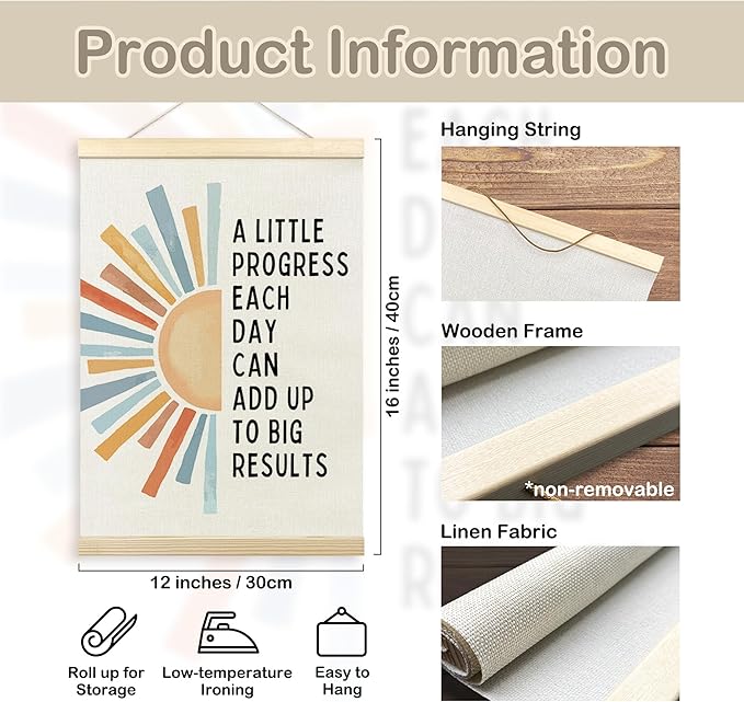 TLESKE Mental Health Inspirational Poster Hanger Frame, a Little Progress Each Day Special Education Wall Art Decor for Kids Room Classroom Therapy Counseling Office, Boho Sun Prints Picture, 12x16