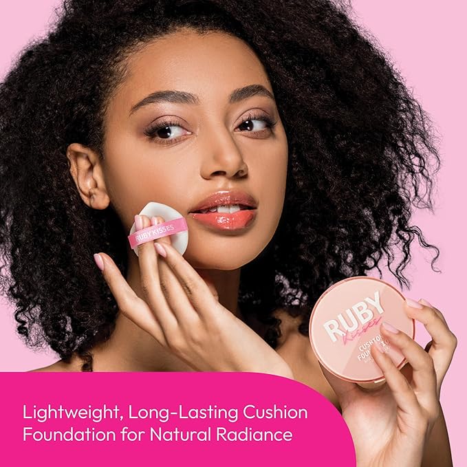 Ruby Kisses Cushion Foundation, Full Coverage Korean Makeup, Lightweight & Long Lasting, All Day Natural Glowy Finish for All Skin Types with Hyaluronic Acid & Bakuchiol (Cognac, 0.52 Ounce)