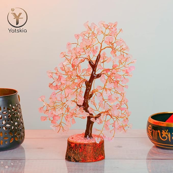 YATSKIA Rose Quartz Tree - Quartz Crystal Tree for Positive Energy - Birthday Gifts for Women - Feng Shui Decor - Gemstone Home Decor - Pink Desk Accessories