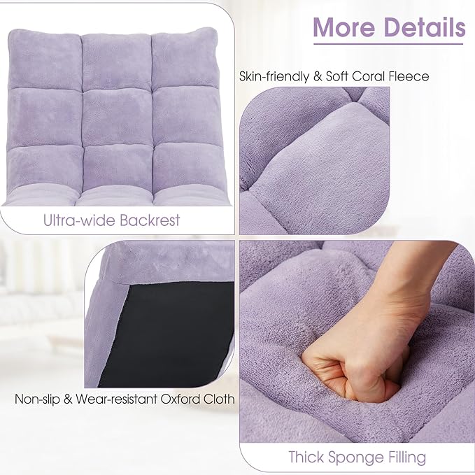 RELAX4LIFE Floor Chair with Back Support - 14-Position Adjustable Lazy Sofa Chair, Padded Sleeper Bed & Couch Recliner for Reading Meditation, Folding Floor Gaming Chair for Adults (Light Purple)