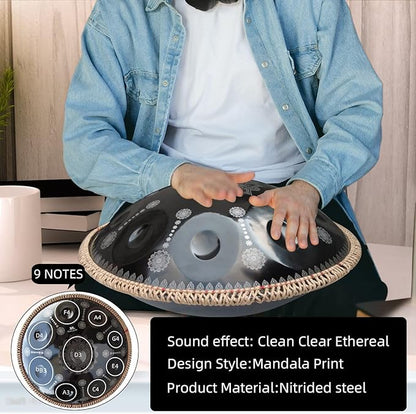 432HZ Handpan Set-Premium 22 Inches 9 Sounds D Minor Steel Hand Pan,Handpan Drum Instrument for Adults,Print Black