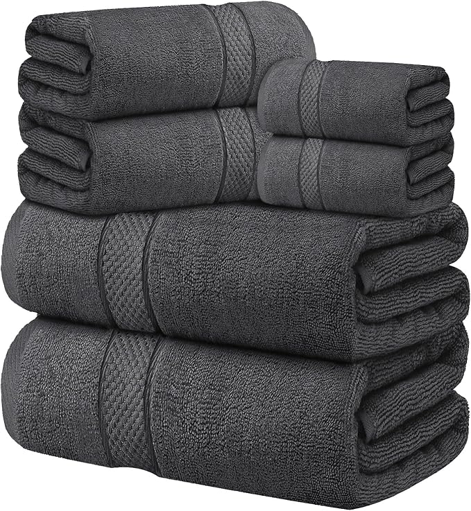 Oakias Premium Towel Set 600 GSM 6 Piece Dark Grey - 100% Ring Spun Cotton Highly Absorbent Towels Set - Super Soft Bathroom Towel Set - Hotel Quality Double Stitched Hem - Ideal for Hotels, Spa, Gyms