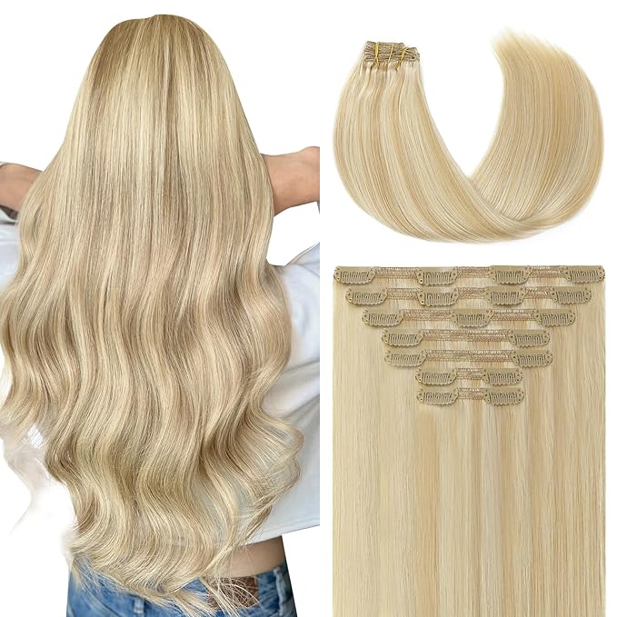 Youngsmile Clip in Hair Extensions Real Human Hair, Colour 27 Caramel Blonde with 60 Platinum Blonde, Remy Human Hair Clip In Extensions 14 Inch 140 Grams 7Pcs,Soft Silk (7C#27P60-14inch)