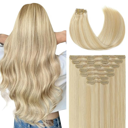 Youngsmile Clip in Hair Extensions Real Human Hair, Colour 27 Caramel Blonde with 60 Platinum Blonde, Remy Human Hair Clip In Extensions 14 Inch 140 Grams 7Pcs,Soft Silk (7C#27P60-14inch)