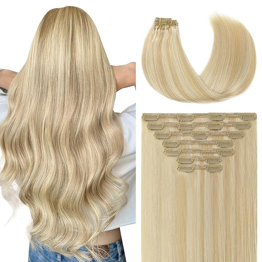 Youngsmile Clip in Hair Extensions Colour 27 Caramel Blonde with 60 Platinum Blonde Remy Human Hair Extensions Clip in For Women silky straight 16 inch 7Pcs Real Hair (7C#27P60-16inch)