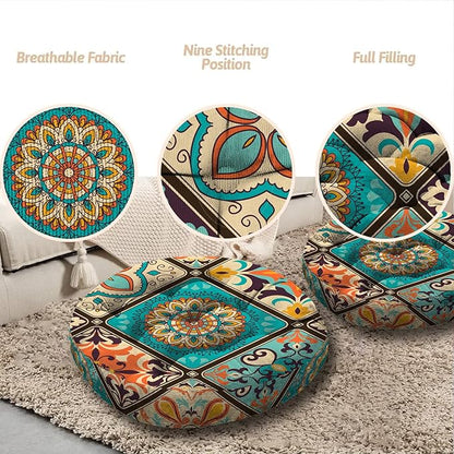 Mandala Meditation Cushion, Boho Meditation Mat, Meditation Pillows for Sitting on Floor, Cushions for Sitting in Home and Outdoor, Round Floor Pillows Cushion Seating for Yoga 22'' X 22''