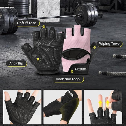 Ventilated Weight Lifting Gloves, Thick Padded Gym Gloves with Full Palm Protection & Grip & Shock Absorption for Women & Men's Fitness Training