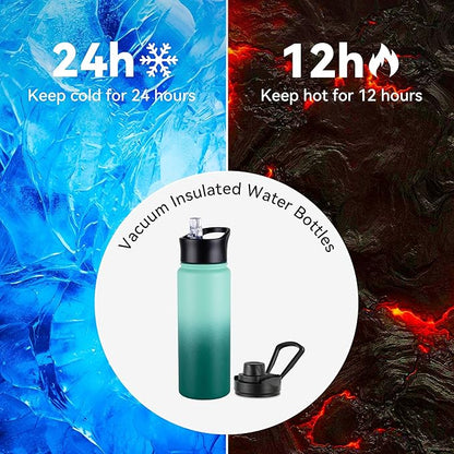 24oz Insulated Water Bottle with Straw Lid, Stainless Steel Metal Water Bottle with Straw & Wide Mouth Lid, Double Wall Vacuum Water Bottle for Hiking Camping, Gradient Green 1 Pack