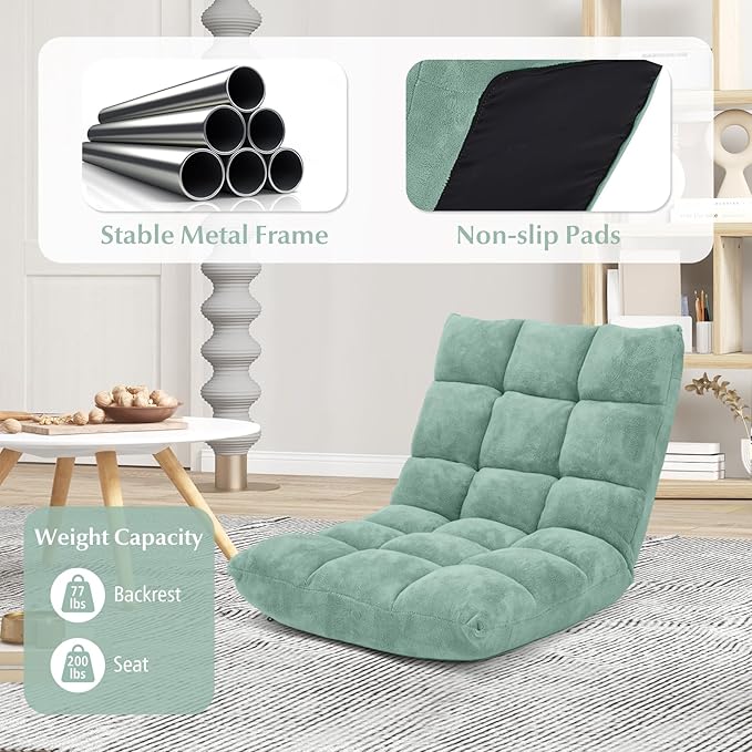 RELAX4LIFE Floor Chair with Back Support - 14-Position Adjustable Lazy Sofa Chair, Padded Sleeper Bed & Couch Recliner for Reading Meditation, Folding Floor Gaming Chair for Adults (Green)