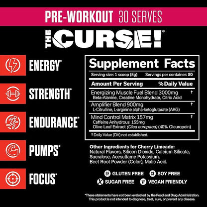 JNX SPORTS The Curse! Pre Workout Powder for Men & Women, Caffeine, Beta-Alanine, Creatine, L-Citrulline, 30 Servings, Cherry Limeade Flavor – Boost Energy, Strength & Focus