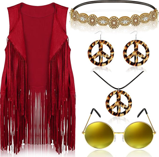 6 Pcs 60s 70s Outfits for Women Hippie Costume Set Peace Sign Earring Headband Fringe Vest Tassel Cardigan