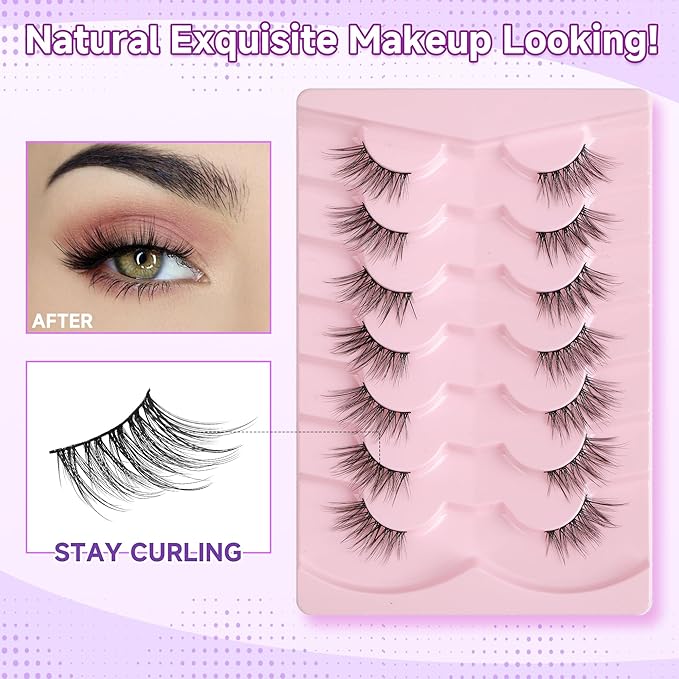 Half Lashes Cat Eyelashes 14mm False Eyelashes Natural Cat Eye Lashes Wispy Eyelashes with Thin Band 3D Volume False Lashes C Curl Soft Strip Lashes Pack 7 Pair EVENTILL