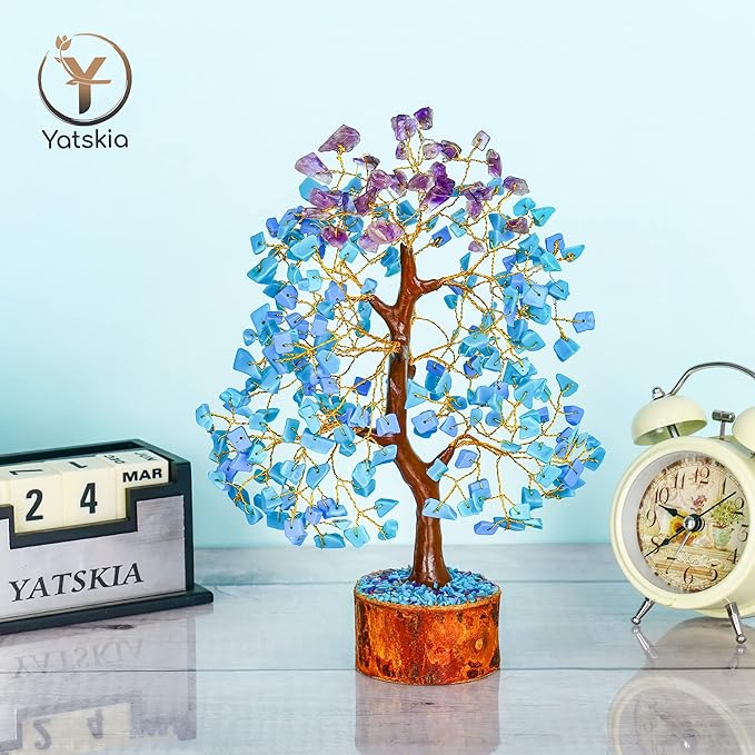 YATSKIA Amethyst and Turquoise Crystal Tree, Gemstone Tree Home and Office Decor, Good Luck Gifts, Crystals Decor, Housewarming Gifts
