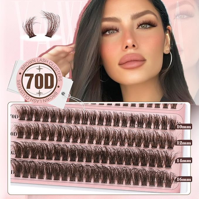 Yawamica Brown Lash Clusters Kit Fluffy Eyelash Extension Kit 40D 50D 70D Volume Eyelash Clusters 10-16mm Individual Lashes D Curly Cluster Lashes DIY Lash Extension Kit with Bond and Seal Tweezers