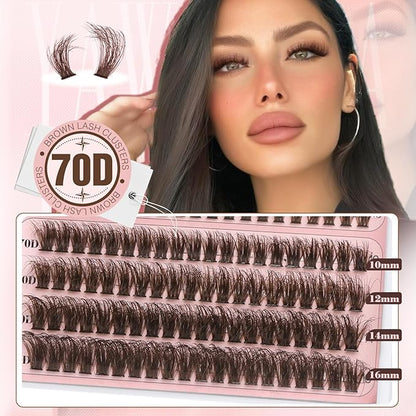 Yawamica Brown Lash Clusters Kit Fluffy Eyelash Extension Kit 40D 50D 70D Volume Eyelash Clusters 10-16mm Individual Lashes D Curly Cluster Lashes DIY Lash Extension Kit with Bond and Seal Tweezers