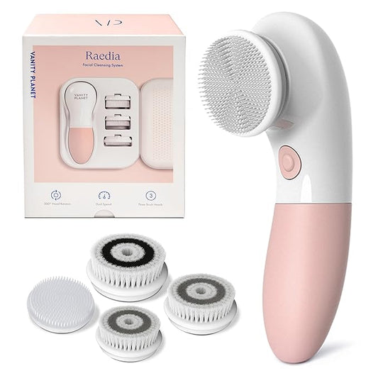 Raedia Daily Facial Cleansing Brush with 4 Interchangeable Brush Heads by Vanity Planet - Handheld, Lightweight for Glowing Skin - Water Resistant Face Exfoliator - Dusty Pink