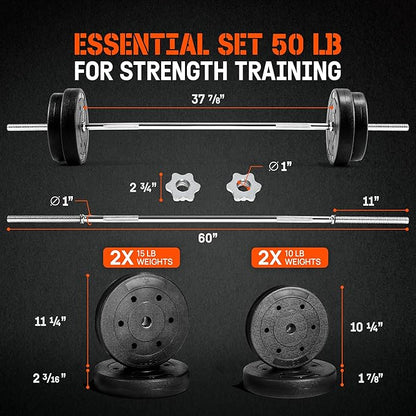Yes4All 480LB Standard Straight Barbell 60" & EZ Curl Bar 47", Weight Bar 1" Diameter - Star Lock Collars & Rubber Ring for Deadlifts, Squats