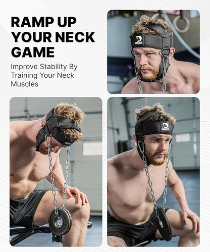 DMoose Fitness Neck Harness for Weight Lifting - Soft Padded Head & Chin Strap with 30" Heavy Duty Steel Chain - Neck Exerciser, Trainer & Strengthener to Support Injury Recovery and Intense Workouts