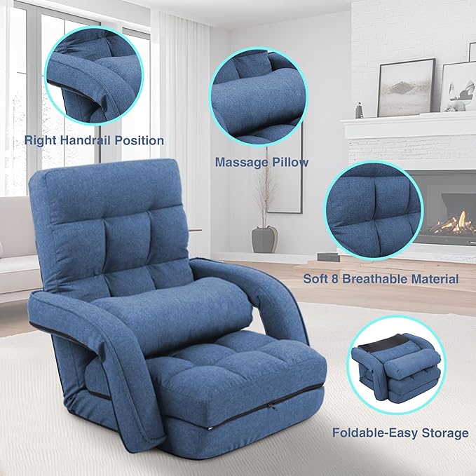 Adjustable Floor Chair for Adults with Back Suppor,5-Position Folding Lazy Sofa with Pillow, Gaming & Meditation Chair with Breathable Fabric - for Living Room, Bedroom, Office,Balcony (Blue)