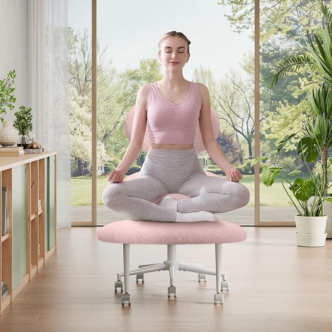 Ergonomic Cross Legged Office Chair with Wheels, ADHD Chair for Adults, Meditation Chair, Yoga Office Chair, Comfortable Back Support, Height Adjustable,Small Spaces, Teddy Fabric, Pink